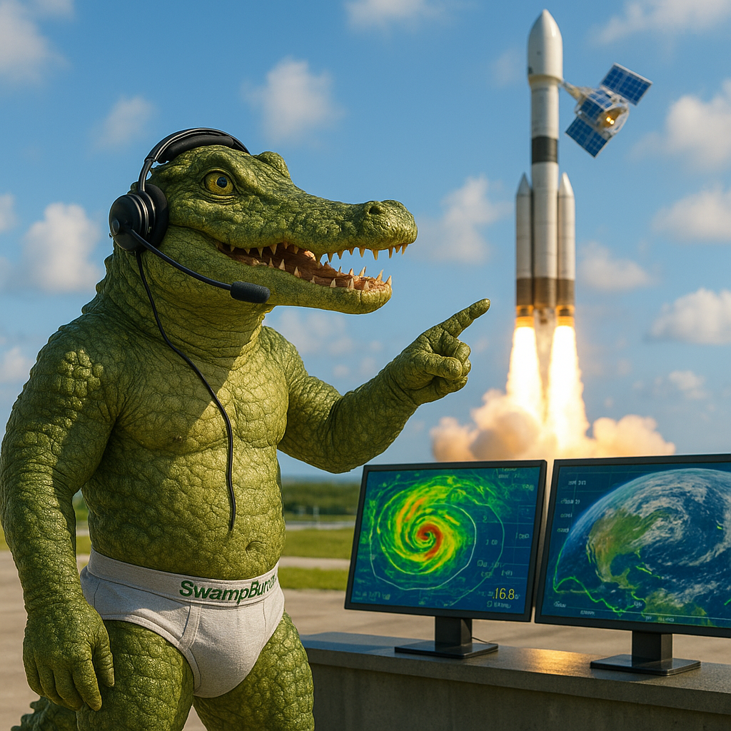Rufus launches SwampButt One, a weather satellite.