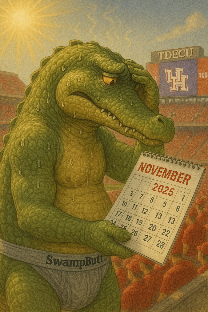 SwampButt Underwear Mascot Rufus reflects on the weather conditions and the time of year, noting quite a disconnect.